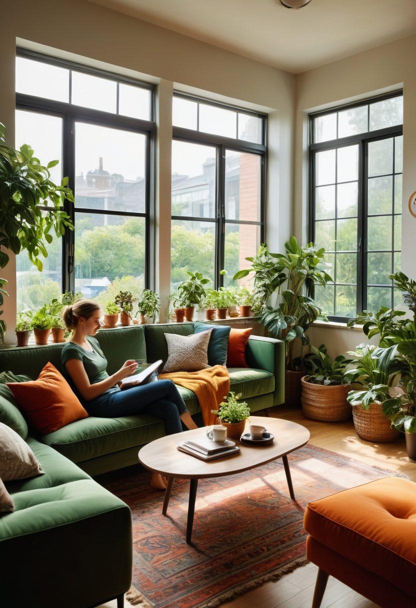 A cozy apartment interior featuring a diverse couple discussing floor plans with a backdrop of a sunny window, plants on the sill, and a suitable couch. Include elements that represent comfort and collaboration, such as coffee mugs and decoration ideas. The atmosphere should feel warm and inviting, portraying the essence of shared living. super-realistic. vibrant colors. natural light.