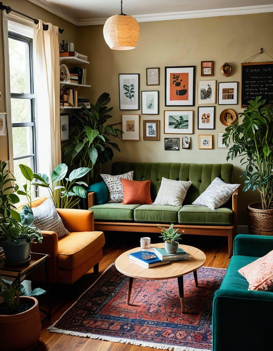 A cozy shared living space featuring two diverse individuals engaging in friendly conversation over coffee, surrounded by personal items that reflect their interests. The room is bright and inviting, with plants and colorful decor enhancing the warm atmosphere. A visible checklist of roommate tips on a wall adds a touch of practicality. super-realistic. vibrant colors. warm lighting.